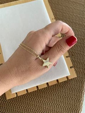 Vip Gold İnce Zincir Gömme Taşlı Yıldız Plaka Kolye