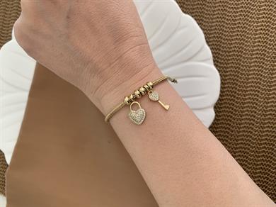 Vip Gold İtalyan Zincirli Zirkon Taşlı Kalp Anahtar Charm Bileklik