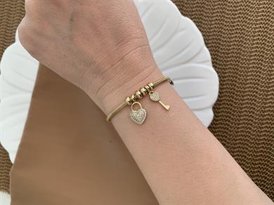 Vip Gold İtalyan Zincirli Zirkon Taşlı Kalp Anahtar Charm Bileklik