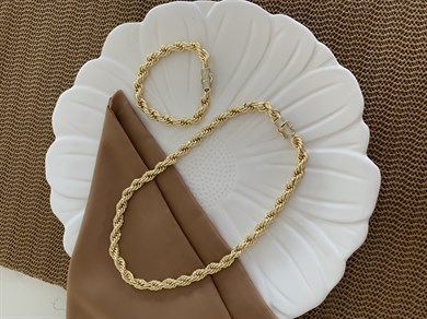Vip Gold Kalın Burgu Tasarım Kolye Bileklik Set 