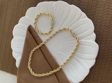 Vip Gold Kalın Burgu Tasarım Kolye Bileklik Set 