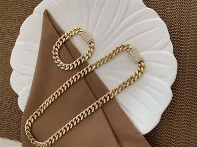 Vip Gold Kalın Kesme Zincir Gurmet Kolye Bileklik Set