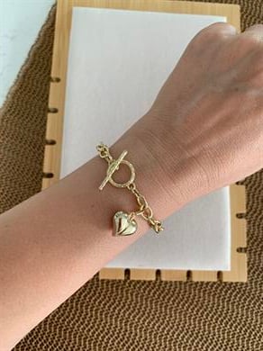 Vip Gold Klasik Zincirli Dümen Uçlu Kalp Tasarım Bileklik 