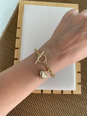 Vip Gold Klasik Zincirli Dümen Uçlu Kalp Tasarım Bileklik 