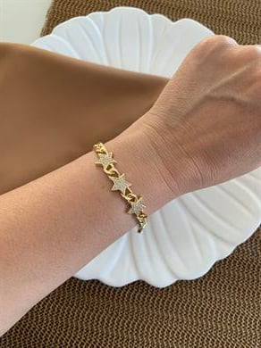 Vip Gold Klasik Zincir Zirkon Taşlı Ortası Üç Yıldız Bileklik