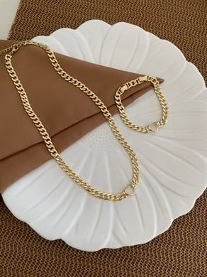 Vip Gold Klasik Zincirli Kalp Kolye Bileklik Set