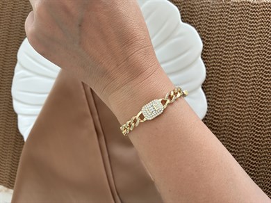 Vip Gold Klasik Zincirli Zirkon Taş Ortası Kare Detaylı Bileklik