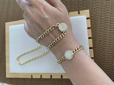 Vip Gold Klasik Zirkon Taşlı Beşgen Kolye Bileklik Set