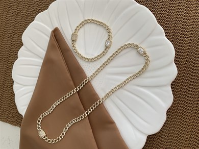 Vip Gold Komple Zirkon Taş Klasik Zincirli Gurmet Kolye Bileklik Set 
