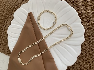 Vip Gold Komple Zirkon Taş Klasik Zincirli Gurmet Kolye Bileklik Set 
