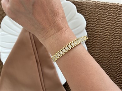 Vip Gold Komple Zirkon Taşlı İnce Kare Sıralı Bileklik