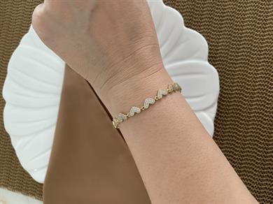 Vip Gold Komple Zirkon Taşlı Kalp Sıralı Bileklik