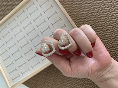 Vip Gold Komple Zirkon Taşlı Kalp Tasarım Küpe