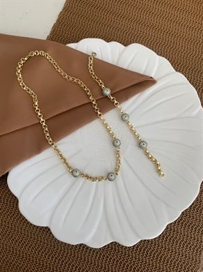 Vip Gold Mavi Nazar Top Sıralı Bileklik Set Kolye