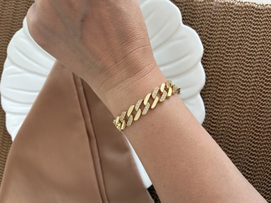 Vip Gold Plaka Klasik Zincir Zirkon Taşlı Tasarım Bileklik