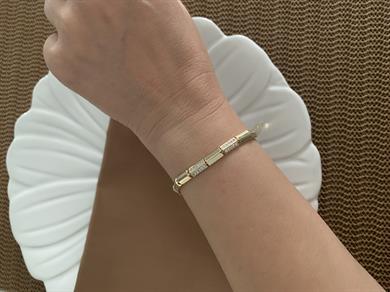 Vip Gold Plaka Zirkon Taş Küp Sıralı Tasarım Bileklik