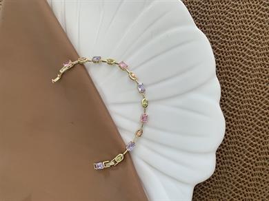 Vip Gold Renkli Dikdörtgen Baget Taş Sıralı Bileklik