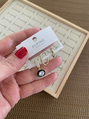 Vip Gold Siyah Mineli Zirkon Taşlı Üçlü Set Halka Küpe