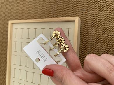 Vip Gold Tek Taşlı Dikdörtgen Yonca Üçlü Set Küpe