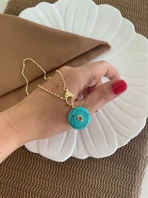 Vip Gold  Topçuk Zincir Anahtar Kilitli Turkuaz Firüze Kolye