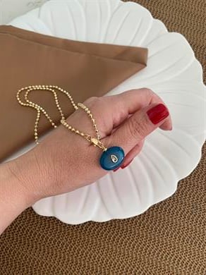 Vip Gold Topçuk Zincir Lacivert Mineli Damla Taşlı Kolye