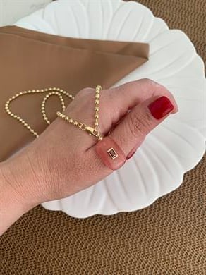 Vip Gold Topçuk Zincir Mercan Renkli Taşlı Dikdörtgen Kolye