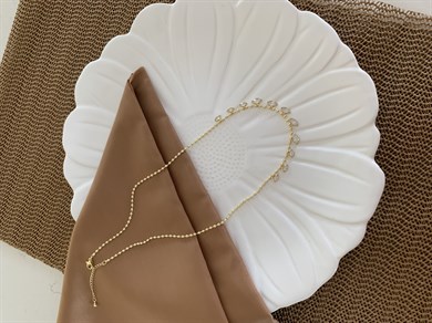 Vip Gold Topçuk Zincirli Tek Taş Damla Sıralı Kolye