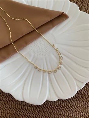 Vip Gold Topçuk Zincirli Tek Taş Damla Sıralı Kolye
