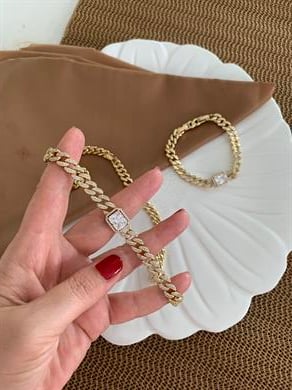 Vip Gold Zirkon Taş Klasik Zincirli Kare Baget Taş Gurmet Bileklik Set Kolye