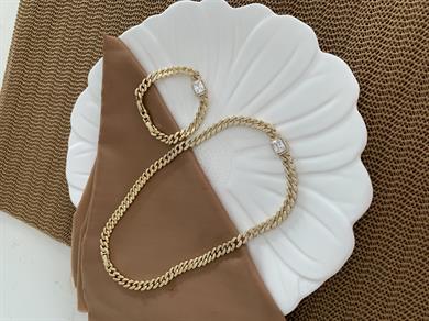 Vip Gold Zirkon Taş Klasik Zincirli Kare Baget Taş Gurmet Bileklik Set Kolye
