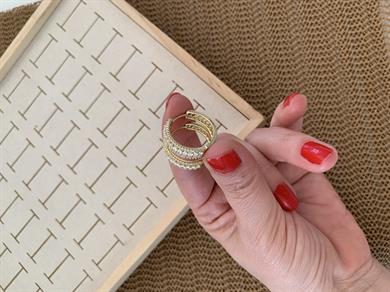 Vip Gold Zirkon Taş Ortası Damla Baget Taş Detaylı Halka Küpe