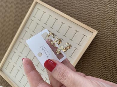 Vip Gold Zirkon Taşlı Biyeli Üçlü Set Halka Küpe