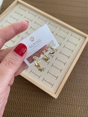 Vip Gold Zirkon Taşlı Biyeli Üçlü Set Halka Küpe