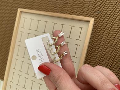 Vip Gold Zirkon Taşlı Çubuk Sallantılı Üçlü Set Halka Küpe