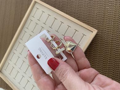 Vip Gold Zirkon Taşlı Elmas Kalp Üçlü Set Halka Küpe