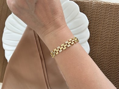 Vip Gold Zirkon Taşlı İç İçe Geçme Kare Detaylı Bileklik