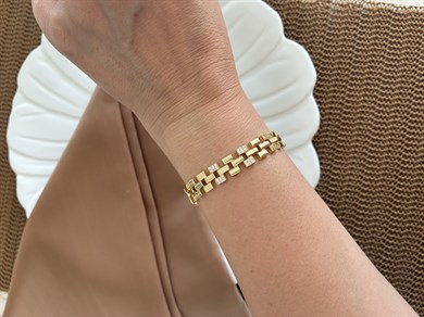Vip Gold Zirkon Taşlı İç İçe Geçme Kare Detaylı Bileklik