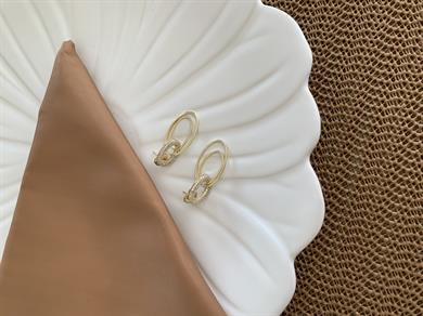 Vip Gold Zirkon Taşlı İkili İç İçe Geçme Oval Tasarım Küpe