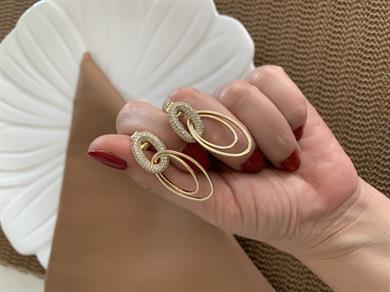 Vip Gold Zirkon Taşlı İkili İç İçe Geçme Oval Tasarım Küpe
