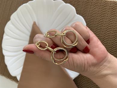 Vip Gold Zirkon Taşlı İkili İç İçe Geçme Daire Tasarım Küpe
