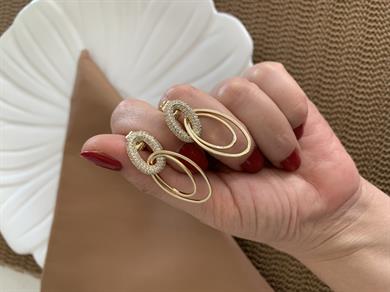 Vip Gold Zirkon Taşlı İkili İç İçe Geçme Oval Tasarım Küpe