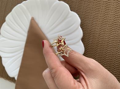 Vip Gold Zirkon Taşlı İkili Yıldız Tasarım Halka Küpe