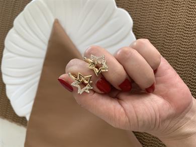 Vip Gold Zirkon Taşlı İkili Yıldız Tasarım Halka Küpe