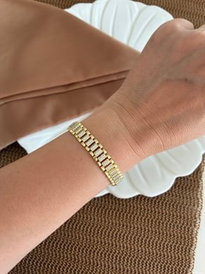 Vip Gold Zirkon Taşlı Kalın Dikdörtgen Sıralı Tasarım Bileklik