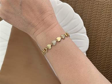 Vip Gold Zirkon Taşlı Kalp Sıralı Tasarım Bileklik