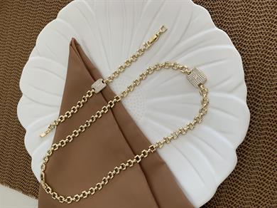 Vip Gold Zirkon Taşlı Kare Kolye Bileklik Set
