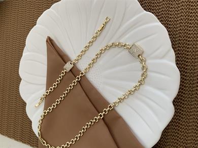 Vip Gold Zirkon Taşlı Kare Kolye Bileklik Set
