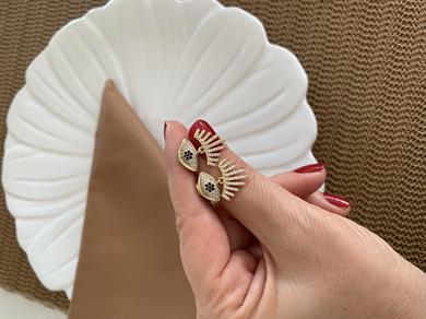 Vip Gold Zirkon Taşlı Kirpikli Göz Tasarım Küpe