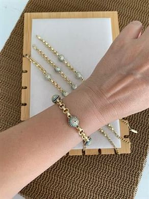 Vip Gold Zirkon Taşlı Mavi Nazar Sıralı Bileklik