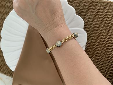 Vip Gold Zirkon Taşlı Mavi Nazar Top Sıralı Bileklik